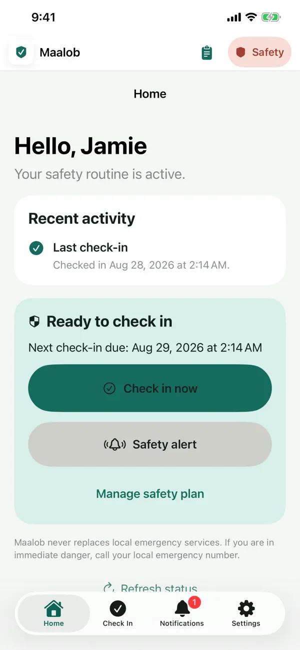 Released Maalob iPhone app showing the check-in dashboard, from its App Store listing